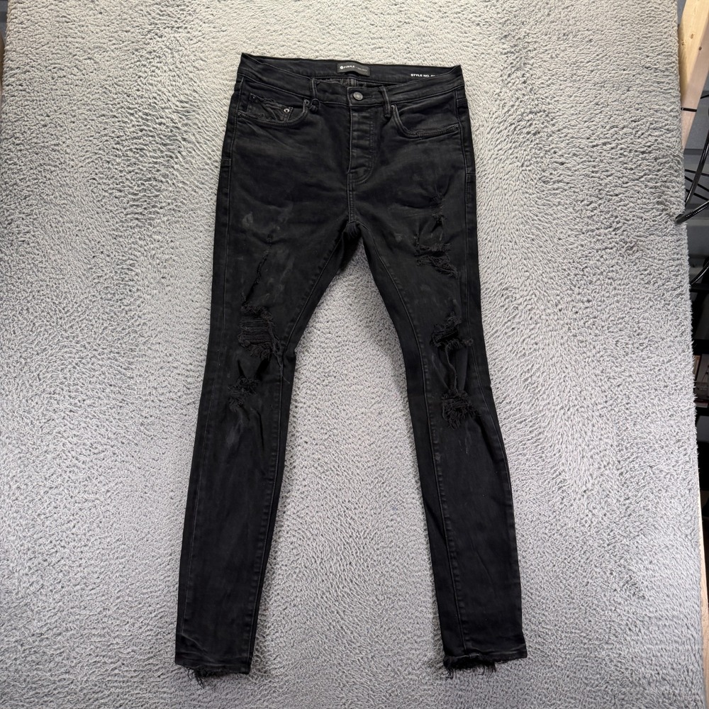 Purple Jeans Mens 34x32 Black Cotton Denim Skinny Distressed Button-Fly Stretch